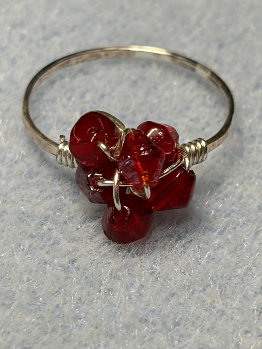 Silver Wire Ring with Deep Red Cluster Stones